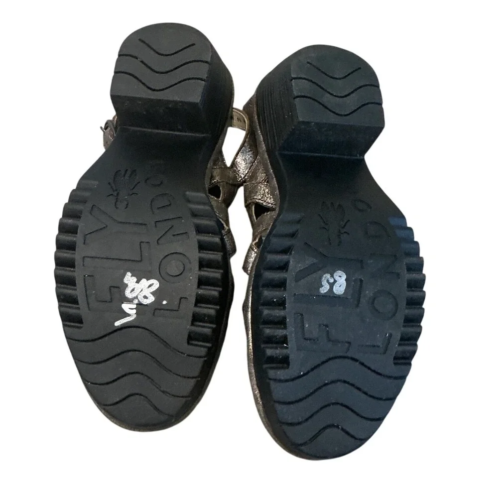 Fly London Womens Leather Sandals 39 8 8.5 Pewter Weza Slingback Wedge Grunge